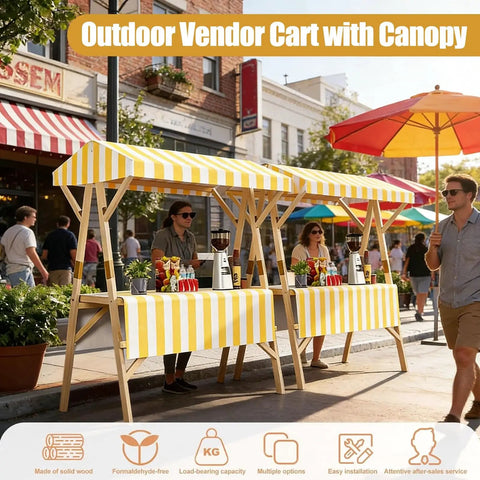 Foldable Wooden Market Stall Booth With Canopy, Outdoor Vendor Cart, Mobile Street Food Stand, featuring yellow and white striped design.