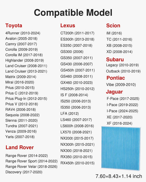 Toyota Cabin Air Filter Replacement chart for CP285 CF10285 with compatible models list for Toyota, Lexus, Subaru, and more; filter size shown.