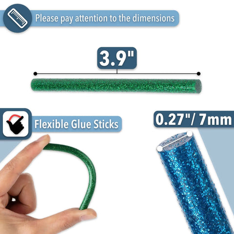 Glitter Hot Glue Sticks 4 By 0.27 Inch Mini Colored 48 Pack For Hot Glue Gun Assorted Colors Non Toxic Food Grade EVA Quick Drying Strong Bond Safe For Bible Scrapbooking And DIY Projects displayed in blue and green close-up