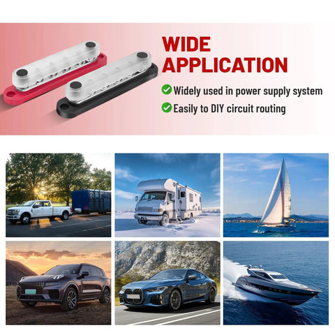Heavy Duty 150 Amp 12V Bus Bar With Cover Rock Solid M6 Studs For Clean Wire Setup in various vehicles like RVs and boats.