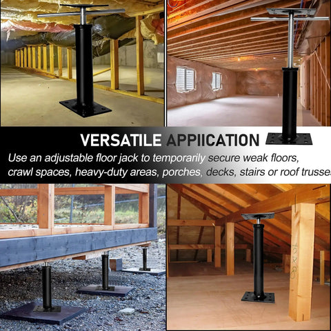 Adjustable Jack Posts For Leveling 11 To 16 Inches installed in various settings like basements, decks, and attics, supporting beams.
