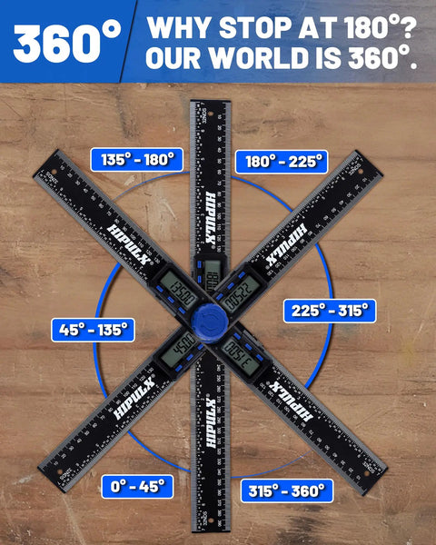 Dead On Digital Angle Finder Protractor With LCD Display For Woodworking And Home Renovation Projects Boasting Hella Precise 0 To 360 Degree Measurements Plus Built In 7 Inch Tape Measure And Dual Battery Power showing angle marks and measurements.
