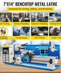 7x14 Inch Benchtop Metal Lathe designed for turning, drilling, threading with digital controls and precision features.