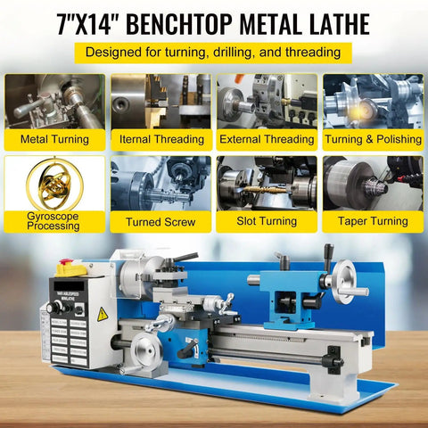 Compact And Efficient 550W Mini Metal Lathe With Digital Display For Precision Drilling Threading And Turning showing various machining techniques.