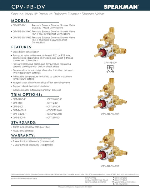 Specifications sheet for Sentinel Mark II Pressure Balancing Diverter Shower Valve With Crimp Inlet Connections