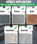 Top Tier Stone Sealer One Gallon Slick Wet Look Finish For Pavers Driveways Patios shown applied on Slate, Pavers, Brick, Sandstone, and Concrete.