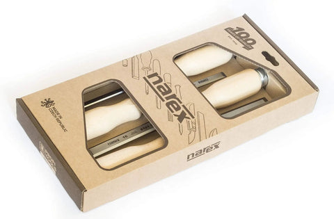 Killer 4 Piece Chisel Set Featuring Legit Cr Mn Steel Blades And Slick Lacquered Wood Handles Pre Sharpened Ready To Hammer Tough Job Site Hardware For Skilled Trades And Weekend Bros in packaging.