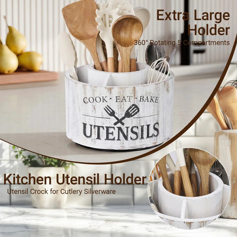 Extra Large 10 Inch Kitchen Utensil Holder With Slick 360 Degree Lazy Susan Spin organizing wooden spatulas and whisks