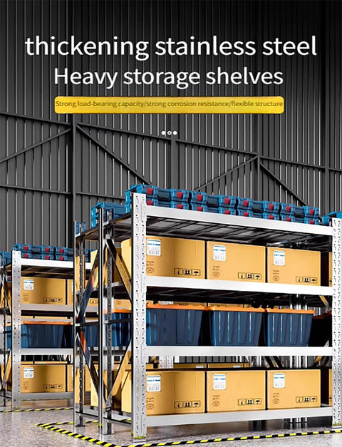 Heavy Duty Garage Shelving Unit, 78 Inch Adjustable 4 Tier Stainless Steel Storage Rack with boxes and containers on shelves.