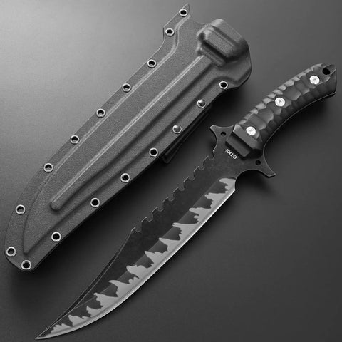 Fixed Blade Knife With AUS-10 Steel Full Tang Nylon Fiberglass Handle For Outdoor Camping And Hunting Ready For Tough Use With Kydex Sheath Included Durable Badass Tactical Design displayed with sheath