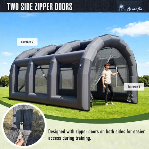 Inflatable Baseball Batting Cage With Blower For Easy Indoor And Outdoor Practice Enclosed Training Cage For Batting Pitching And Multi Sport Use Durable Oxford Fabric 20 Feet By 12 Feet By 9.8 Feet with side zipper doors for easy access, shown in a grassy field.