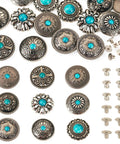 Rugged Western Zinc Alloy Conchos With Eighteen Faux Turquoise Screw Back Rivets And Tough Leathercraft Studs hardware kit with assorted designs.