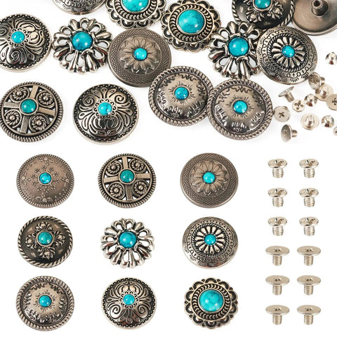 Rugged Western Zinc Alloy Conchos With Eighteen Faux Turquoise Screw Back Rivets And Tough Leathercraft Studs hardware kit with assorted designs.