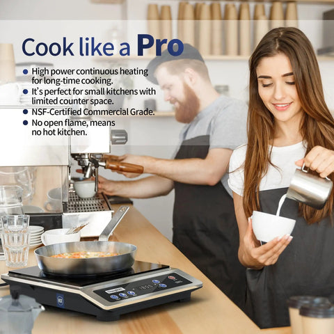 Chefs using Induction Cooktop Pro Portable Workhorse Burner With 8 Inch Heating Coil Premium Stainless Steel Countertop Hot Plate NSF Certified 1800W 10 Hour Timer Fast Heat For Busy Kitchens in a cafe.
