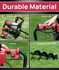 Collage of 1500W Electric Post Hole Digger with safety lock, powerful motor, handles, and manganese steel drill bit for farmland