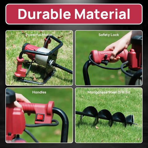 Collage of 1500W Electric Post Hole Digger with safety lock, powerful motor, handles, and manganese steel drill bit for farmland
