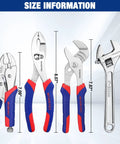 4-Piece Pliers Set With Locking Pliers, Slip Joint Pliers, Groove Joint Pliers And Adjustable Wrench, size information display.