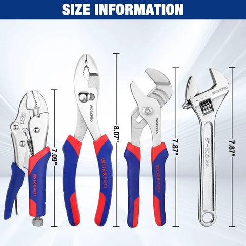 4-Piece Pliers Set With Locking Pliers, Slip Joint Pliers, Groove Joint Pliers And Adjustable Wrench, size information display.