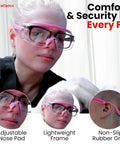Woman wearing Pink Chemistry Lab Goggles Anti Fog Z87.1 Safety Glasses For Women Lightweight Comfort With Clear Vision Over Prescription Fit Ideal For Classrooms And Labs Complete Kit With Hard Case, highlighting adjustable nose pad and lightweight frame.
