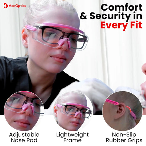 Woman wearing Pink Chemistry Lab Goggles Anti Fog Z87.1 Safety Glasses For Women Lightweight Comfort With Clear Vision Over Prescription Fit Ideal For Classrooms And Labs Complete Kit With Hard Case, highlighting adjustable nose pad and lightweight frame.