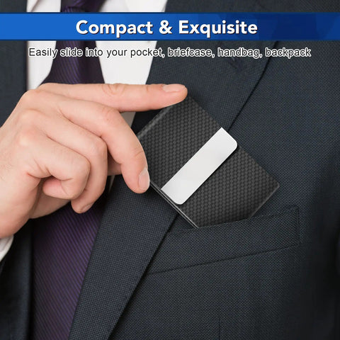 Person placing Slim Metal Business Card Holder with RFID Blocking PU Leather Case for Women or Men, Magnetic Closure, Pocket Card Holder for Professionals, Boss Vibe Black Carbon into suit pocket.