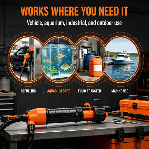 Portable 2.8 GPM Battery Powered Liquid Transfer Pump Cordless Handheld With Adjustable Flow For Vehicles Boats Lawn Equipment And Home Emergencies Perfect For Quick Liquid Transfers Orange Red shown on workbench