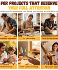 Six images showing 128 Piece Pro Grade Premium Micro Sander And Sandpaper Kit With Detail And Mini Hand Sander And Small Sanding Block 80 To 3000 Grit Sandpaper Set For Wood Crafts Furniture Tight Spaces And DIY Projects in use for various projects.