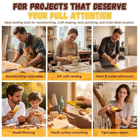 Six images showing 128 Piece Pro Grade Premium Micro Sander And Sandpaper Kit With Detail And Mini Hand Sander And Small Sanding Block 80 To 3000 Grit Sandpaper Set For Wood Crafts Furniture Tight Spaces And DIY Projects in use for various projects.