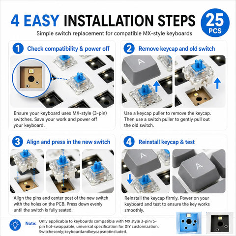 Blue 3 Pin Clicky Mechanical Keyboard Switches Set Pre Lubed MX Compatible RGB For Repair Custom Builds Typing Gaming And DIY Projects Great Replacements For Worn Or Inconsistent Keys 25 Pack installation steps