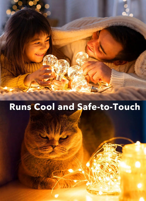 Family and cat enjoying 24 Pack Battery Operated Fairy Lights On Silver Wire 7 Ft Long With 20 LEDs Waterproof Firefly String Lights