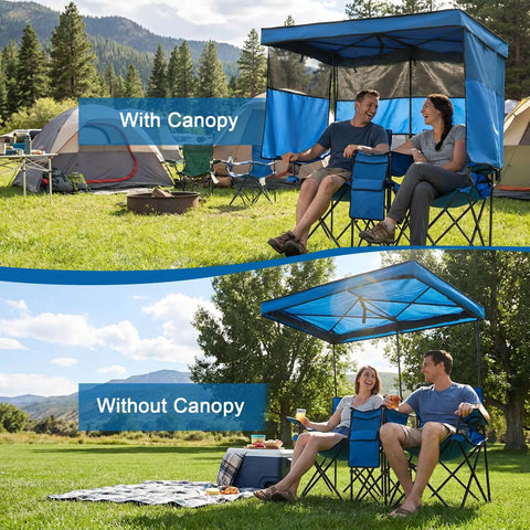 Double Beach Chair With Canopy Shade Built In Cooler Bag And Cup Holders Oversized Folding Loveseat for outdoor use in a field