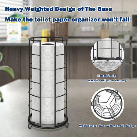 Free Standing Toilet Paper Organizer Stand With Three Roll Capacity Rustproof Metal Bathroom Accessory Matte Black Roll Holder For Kitchen Countertop Or Cabinet Shelf Raised Base Keeps Paper Dry, tall view