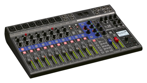 LiveTrak L12 Mixer Multitrack Recorder For Musicians And Podcasters 12 Input 14 Channel USB Audio Interface displayed on table