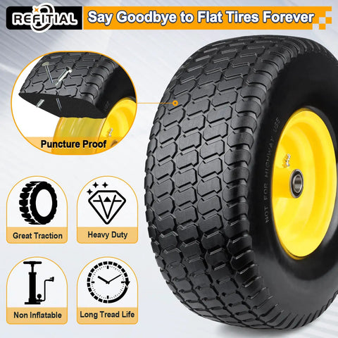 2-Pack 15x6.00-6 Flat Free Front Lawn Tractor Mower Wheels With 3 Inch Centered Hub, shown with tread and features.