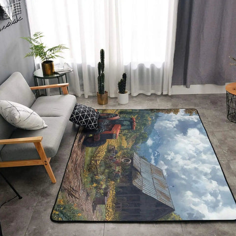 Cozy Soft Non Slip Area Rug 63x48 Inch with tractor farm scene in living room setting