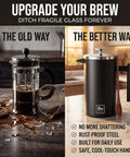 Double Wall Stainless Steel French Press Coffee Maker With Built In Thermometer And Fine Mesh Dual Filters For A Solid Morning Kick And Rich Flavor Every Time Includes Wooden Spoon For Zero Fuss Brewing In Sleek Black shown side by side with fragile glass press.