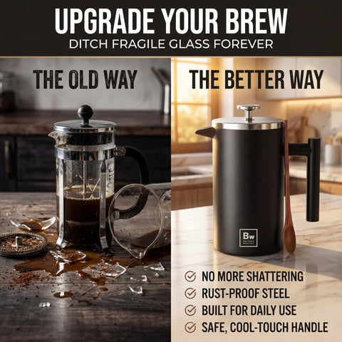 Double Wall Stainless Steel French Press Coffee Maker With Built In Thermometer And Fine Mesh Dual Filters For A Solid Morning Kick And Rich Flavor Every Time Includes Wooden Spoon For Zero Fuss Brewing In Sleek Black shown side by side with fragile glass press.