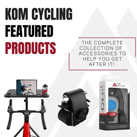 Kom Cycling featured products including handlebar mount for Garmin Forerunner watches, quick clip kit and packaging on display