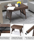 Portable Folding Wicker Table With Steel Frame For Outdoor Use Easy To Clean Weather Resistant on patio with coffee cups