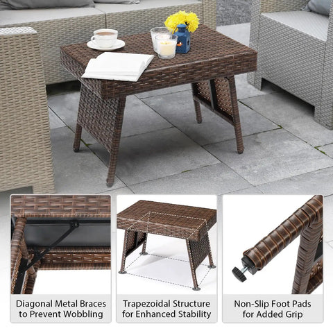 Portable Folding Wicker Table With Steel Frame For Outdoor Use Easy To Clean Weather Resistant on patio with coffee cups