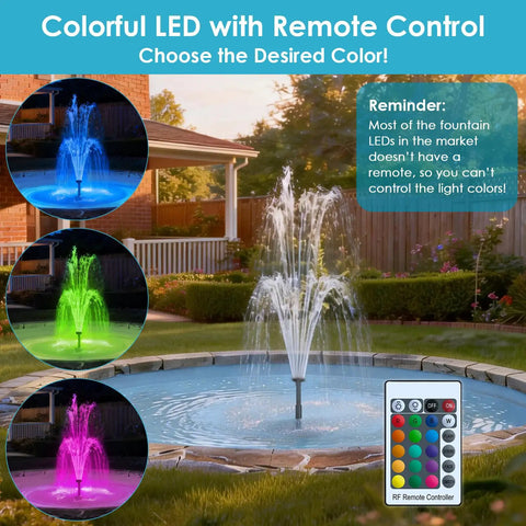 Submersible Pond Fountain Pump 600GPH With Remote LED Lights 3 Spray Patterns Outdoor Water Feature for small ponds