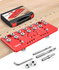 Two In One Shelf Pin And Hinge Jig With Adjustable Quarter Inch Drilling Guides, Lightweight Aluminum Cabinet Hardware Jig For 5mm Straight Holes displayed with drill bits and allen key on a wooden surface.