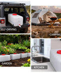 Large 29 Gallon Water Storage Tank With Spigot and 3m Hose shown in car, tent, garden, and kitchen for versatile use