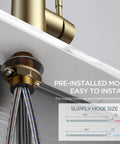 Slick Brushed Gold Kitchen Faucet With Pull Down Sprayer And Dual Spray Modes High Arc Spout Design For Easy Pot Filling Single Hole Compatible showing pre-installed supply hoses.