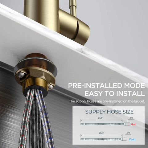 Slick Brushed Gold Kitchen Faucet With Pull Down Sprayer And Dual Spray Modes High Arc Spout Design For Easy Pot Filling Single Hole Compatible showing pre-installed supply hoses.