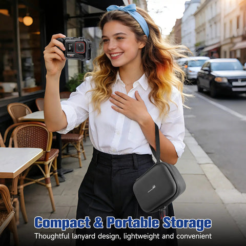 Woman holding camera with Hard Shell Travel Case For Insta360 Ace Pro 2 Xplore Grip Pro Bundle, compact and portable design