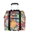 Colorful patterned underseat rolling carry on bag with ergonomic handle, showing durable polyester build and wheeled cabin tote design.