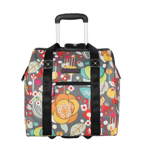 Colorful patterned underseat rolling carry on bag with ergonomic handle, showing durable polyester build and wheeled cabin tote design.