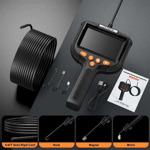 Lighted Borescope With 4.3 Inch HD Display And 5.5mm Waterproof Lens For Cars, Pipes And Tight Spots, 6.6 Feet Cable, 180 Degree Rotatable View, Color Adjust And Zoom For Quick, Easy Inspections. handheld borescope with 6.6ft semi-rigid cable, hook, magnet, and mirror attachments