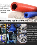 Red and blue reinforced silicone vacuum heater hoses, temperature resistance -40 to 220 degrees, shown with engines and machinery.
